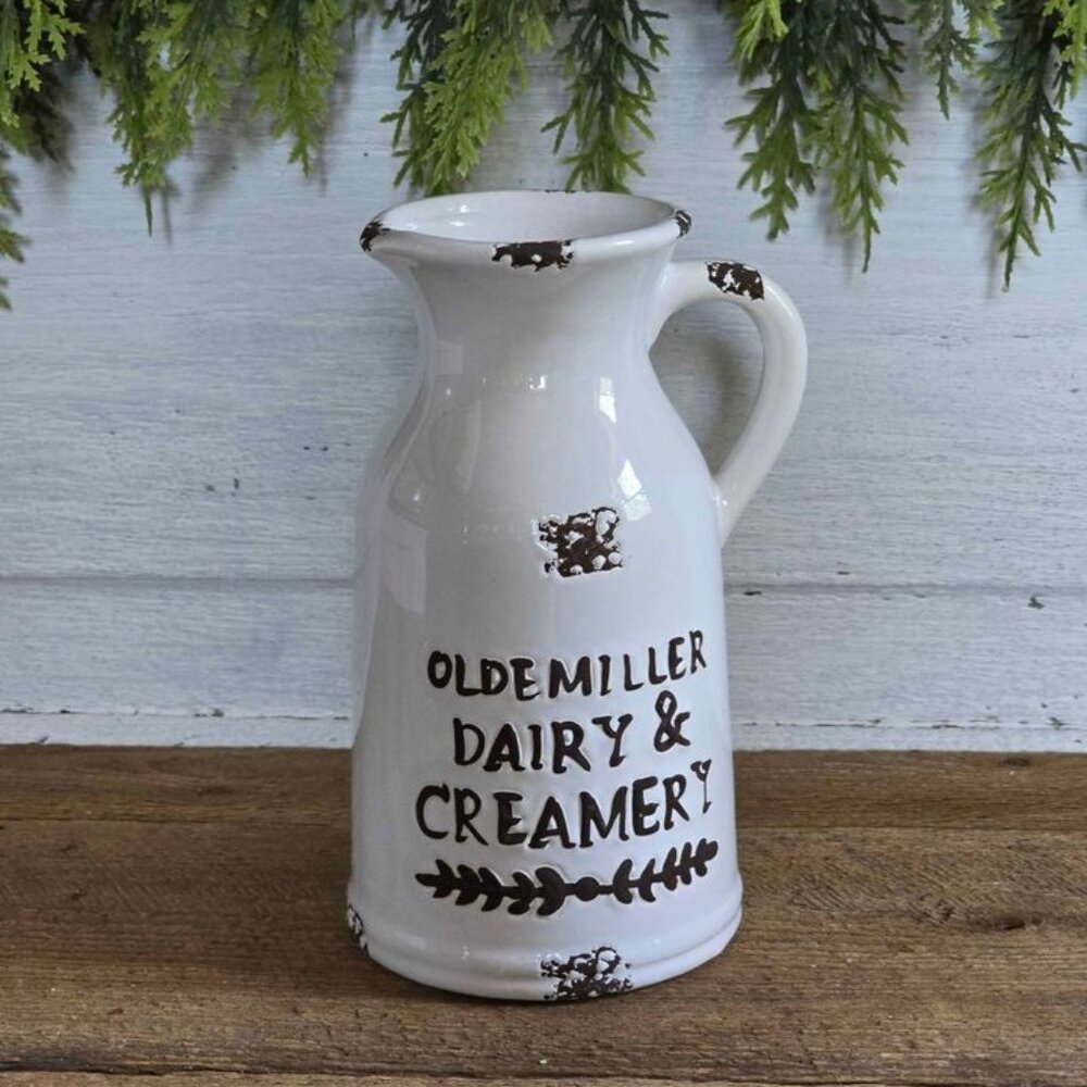 Small White & Brown Ceramic Distressed Milk Pitcher Farmhouse Kitchen Decor - Picture 2 of 9